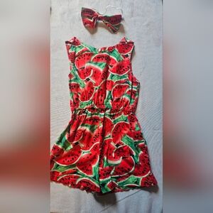 Handmade Girls Watermelon Sleevless Shorts Romper With Matching Headband 2T
